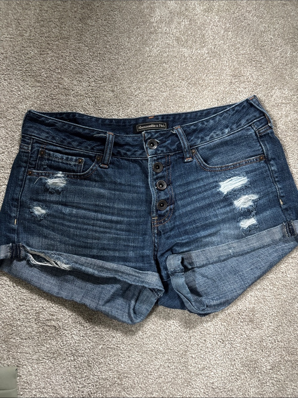 Abercrombie & Fitch Indigo Distressed Button-Fly Denim Shorts